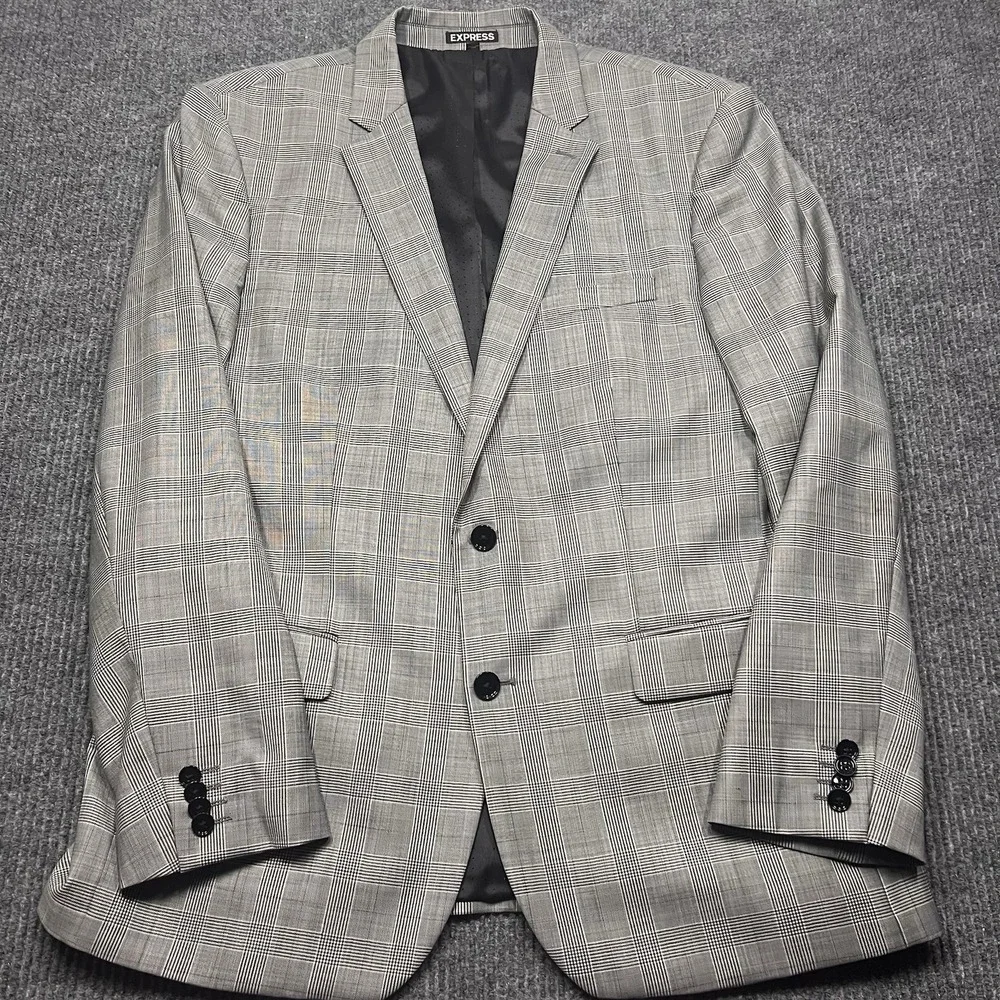Express Producer Modern Fit Jacket Blazer Mens 44 Regular Slim Plaid Check Grey - Picture 2 of 12